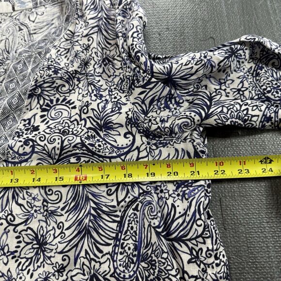 SIGRID OLSEN Blue & White 100% Linen Floral Paisley Boho Tunic Top SIZE L - Picture 7 of 8